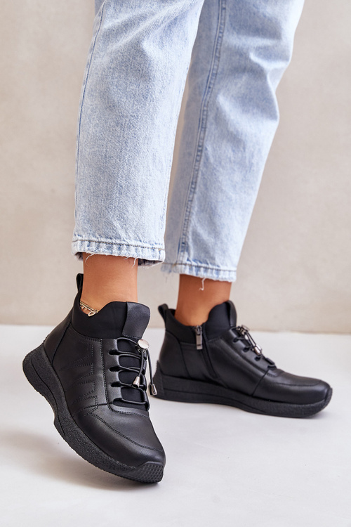 Warm Sports Leather Shoes With Zipper Black Artiker 55C0041