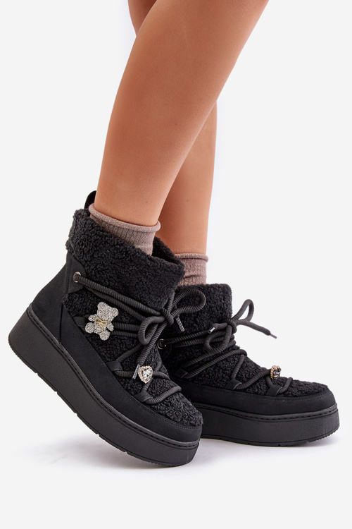 Damskie Śniegowce Na Platformie Z Przypinkami I Futerkiem Czarne Almatiza