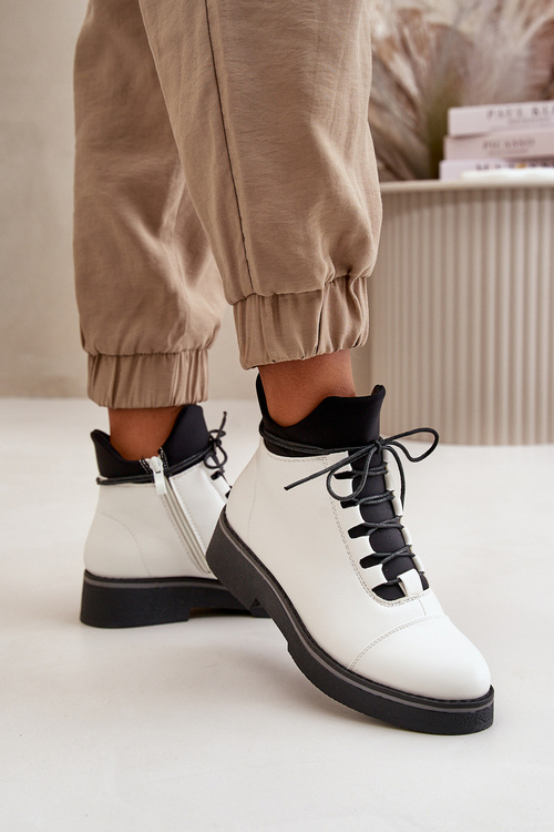 Damskie Botki Ocieplane Niska Cholewka Eko Skórzane Białe