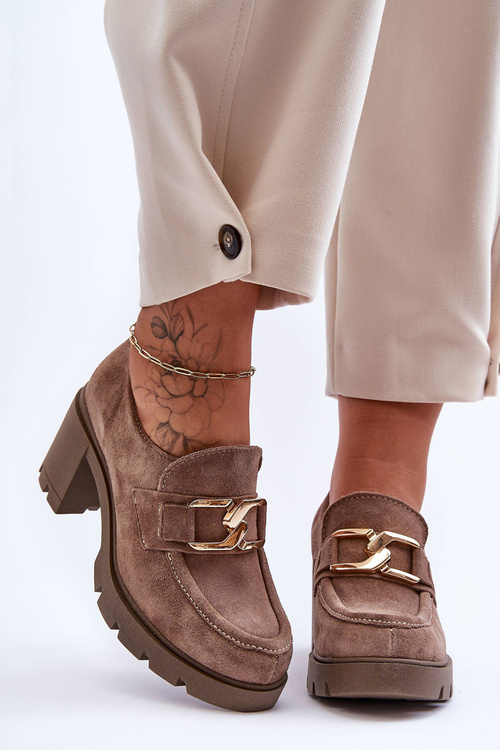 Półbuty Eleganckie Obcas Słupek Złota Ozdoba Ciemnobeżowe Lemar Harmell 20097