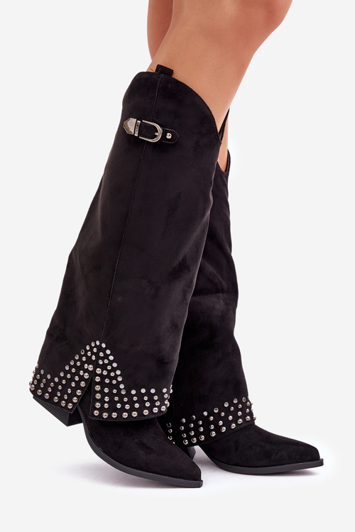 Botki Z Dżetami I Wywiniętą Cholewką Na Słupku Czarne Iveliri