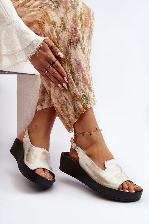 Sandały Na Grubej Podeszwie Skórzane Złoty Przecierany 2893