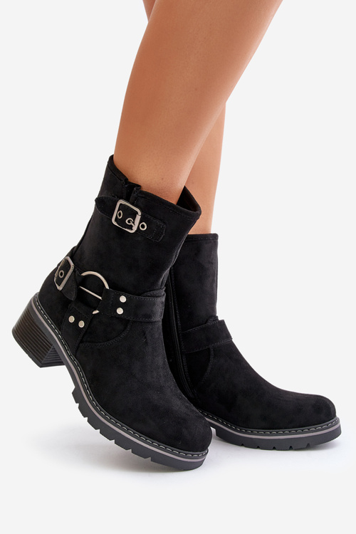 Damskie Botki Niski Obcas Klamry Czarne Zudra