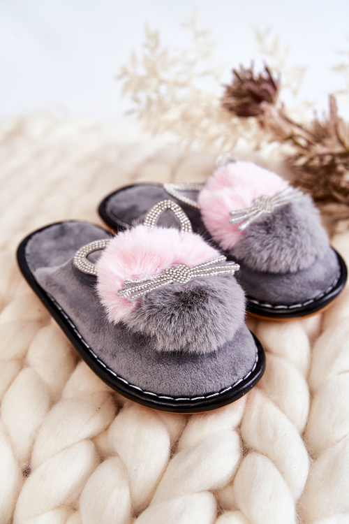 Children's slippers with a kitten and rhinestones gray Carliss
