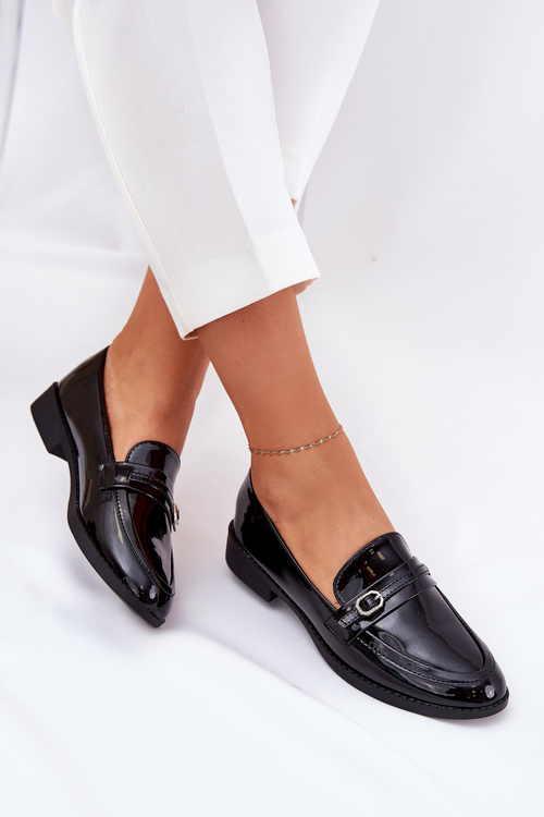Lacquered Women's Loafers With Decorative Buckle Black Mollan