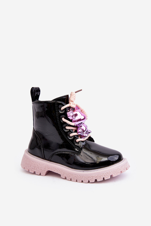 Kids' Glossy Lined Boots with Black-Pink Decoration Bunnyjoy