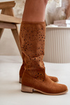Women's Low Heel Cutout Boots in Faux Suede with Zip Closure Camel Orchides