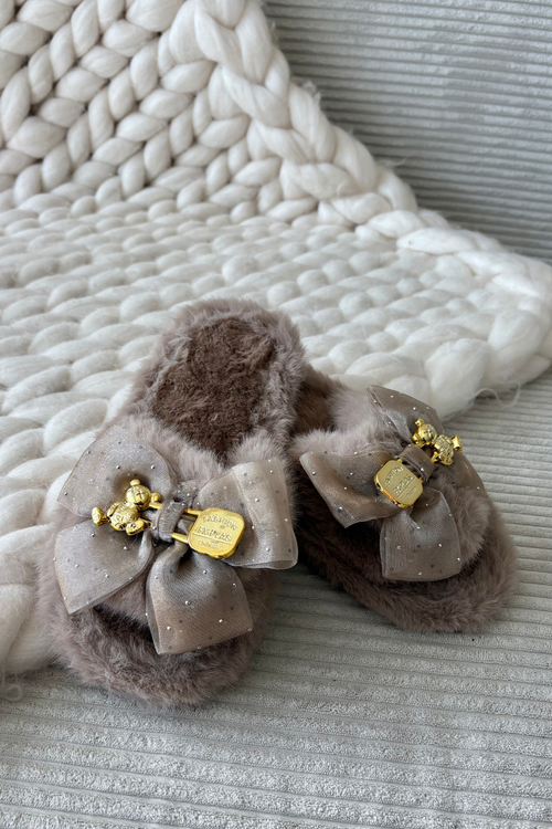 Fur Women's Slippers With Bow And Gold Decoration Dark Beige Nolara