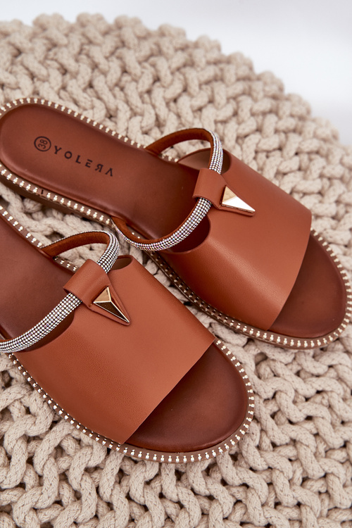 Eco Leather Slippers With Flat Heel And Decorative Strap Camel Hirtewi