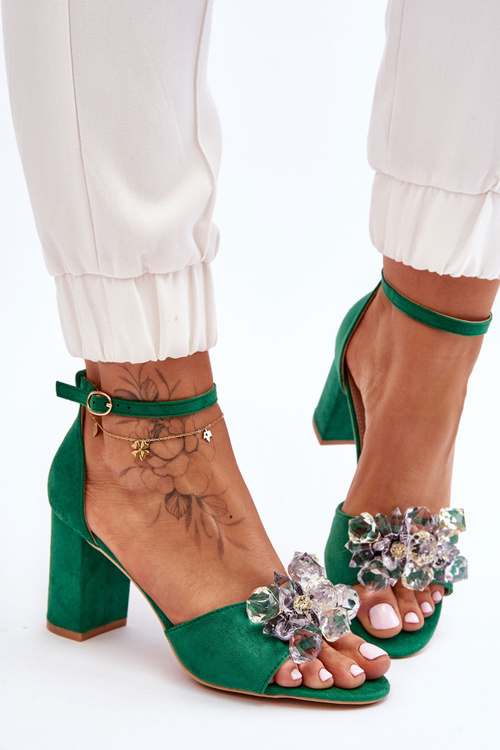 Sandały Eleganckie Kryształy Obcas Zielone Cameron GG124