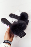 Leather Slippers With Eco Fur Black Love You So