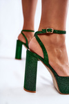 Sandały Damskie Brokatowe Słupek Zielone Rosel
