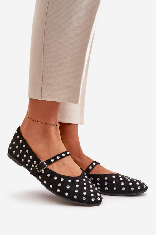 Decorated Ballerinas With Strap Eco Suede Black Tirilissa