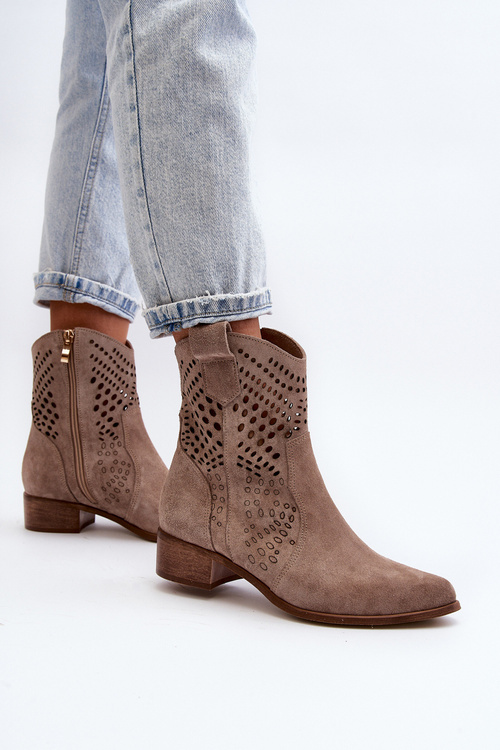Botki Kowbojki Damskie Ażurowe Zamszowe Niski Obcas Cappucino Zazoo 3305/2