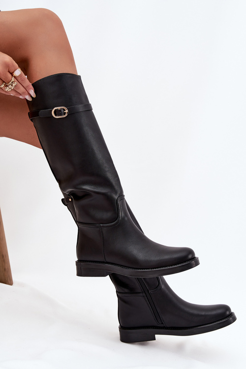 Women's Flat Heel Boots with Strap and Gold Buckle Black Sylvena