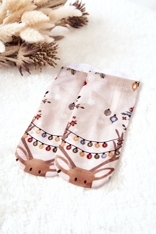 Feet Socks Reindeer Merry Christmas Beige