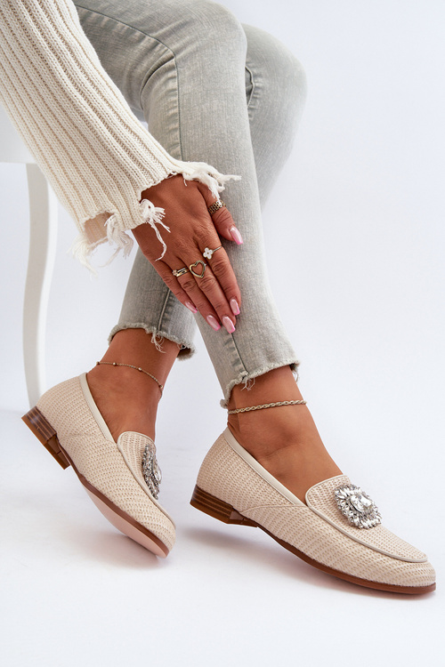 Mokasyny Damskie Płaski Obcas Broszka D&A MR38-676 Beżowe