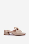 Elegant Ladies Slippers On Low Heel With Decoration Beige Feledis