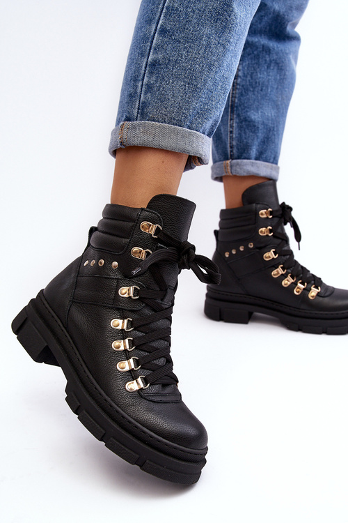 Women's Leather Lace-Up Hiking Boots Zazoo K01 Black