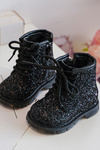 Children's Glittery Lined Boots with Zipper Black Saussa