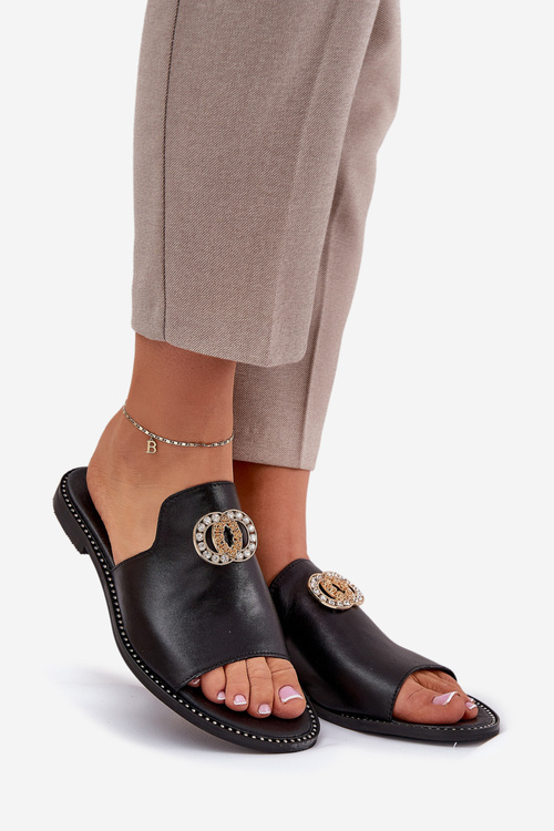 Klapki Skóra Naturalna Płaski Obcas Eleganckie Z Ozdobą Czarne Zazoo 3008