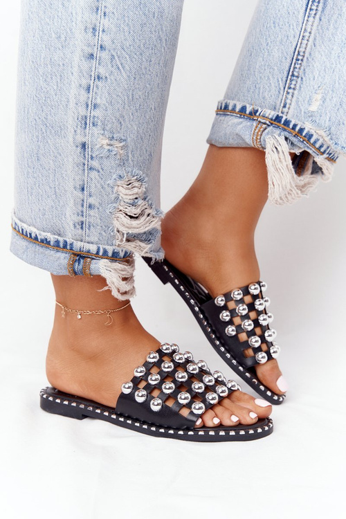 Openwork Leather Slippers With Rhinestones Black Alana