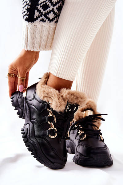 Leather Insulated Sports Shoes Black Shiney
