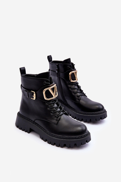 Stylish Lace-up Boots with Ornament Black Ollia