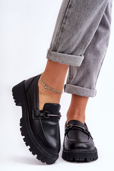 Women's Leather Moccasins on Platform Black Detes