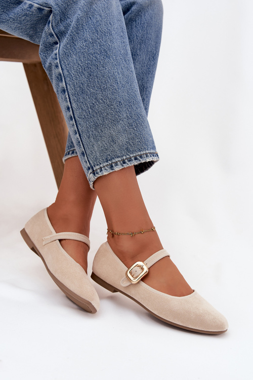 Ballerinas With Strap And Gold Clasp Eco Suede Light Beige Adelora