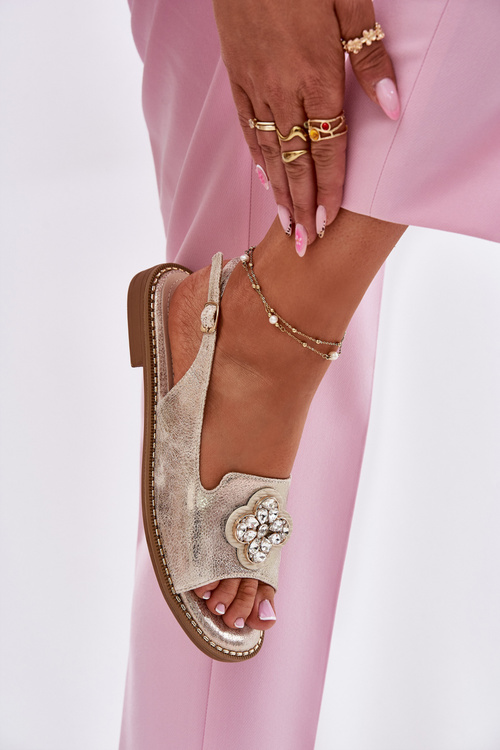 Sandały Damskie Ozdobny Detal Płaski Obcas Złote S.Barski KV51-080