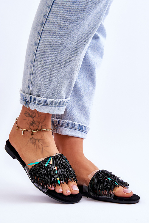 Klapki Damskie Modne Ozdoby Czarne S.Barski KV-576-4