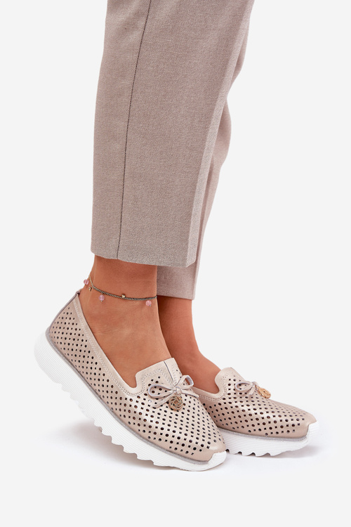 Półbuty Damskie Ażurowe Na Platformie Skóra Naturalna Złote D&A LR51-631