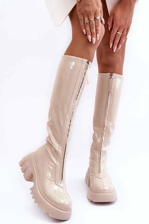 Lace-up Platform Boots with Glossy Finish Beige Ringo
