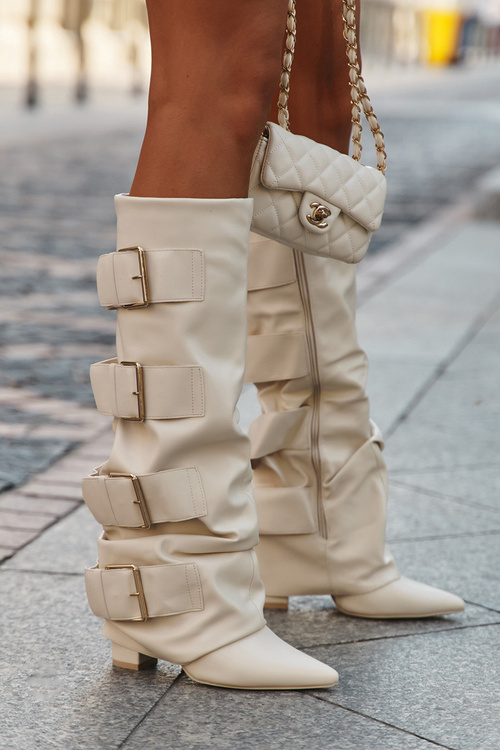 Women's High Heel Boots with Turned-up Shaft and Golden Buckles Light Beige Isavelle