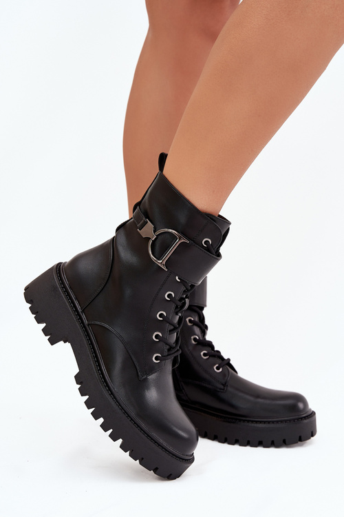 Women's Workery Boots With Lining With Decorative Strap Black Ulivine