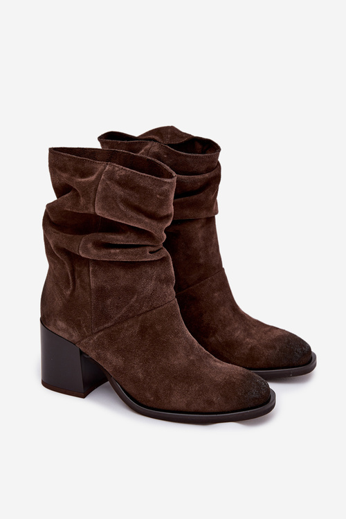 Leather Suede Ankle Boots with Gathering on Heel Zazoo 1127 Chocolate