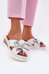 Leather Women's Slippers On Wedge With Decorative Flower Artiker White-Silver 54C0538