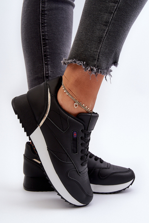 Black Leather Platform Lace-Up Sports Shoes Merida