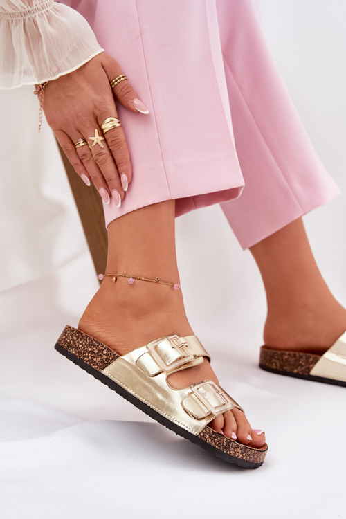 Ladies Slippers With Claras On Cork Sole Golden Sercele