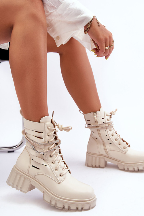 Fashionable Lace-up Boots with Decorative Strip Beige Rocky
