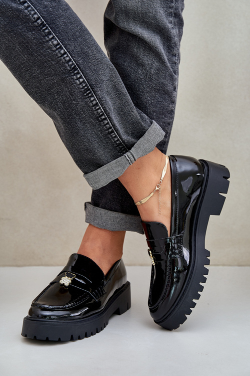 Lacquered Women's Moccasins With Teddy Bear Black Wulinea