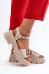 Women's Leather Sandals with Gold Decoration Beige Vinceza 7910