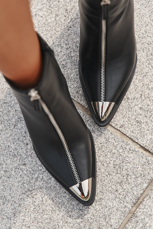 Damskie Botki Obcas Słupek Ozdobny Zamek Eko Skóra Czarne Wiviane