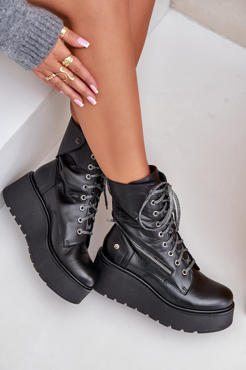 Leather Worker Ankle Boots On Platform And Wedge Maciejka 06676-01 Black
