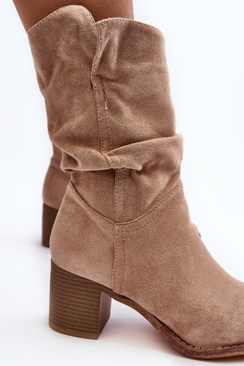 Botki Damskie Marszczona Cholewka Ocieplane Na Słupku Beżowe Shavy 23BT35-6459