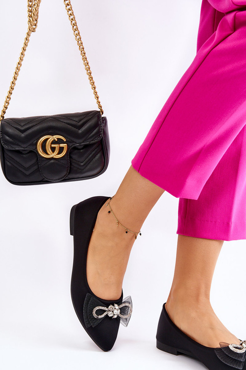 Women's V-neck Ballerinas With A Decorative Bow Black Luminous