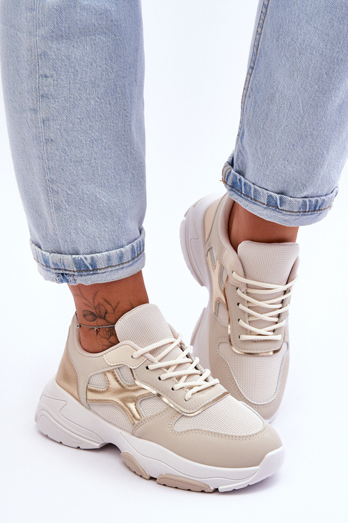 Sneakersy Damskie Sznurowane Beżowo-Złote Cortes BL378