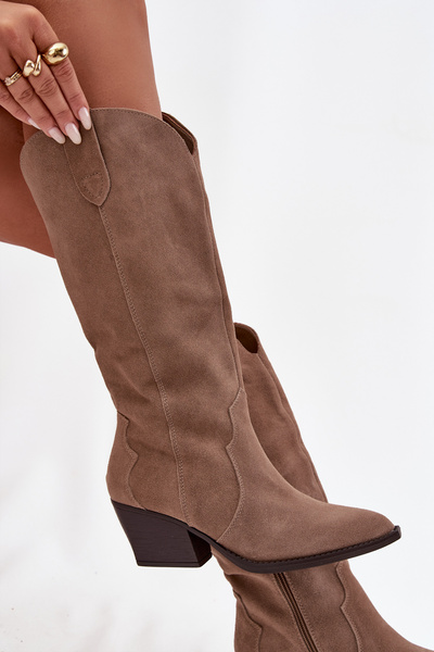Leather Suede Cowboy Boots Women Warm Khaki Urselle