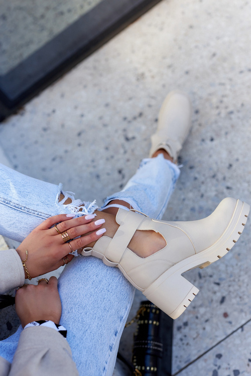 Leather Booties Cut Out Belt Beige Rosanne